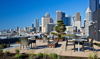 Rooftop decks with grills, fire pits, and views of mount rainier, lumen field, puget sound, and downtown seattle